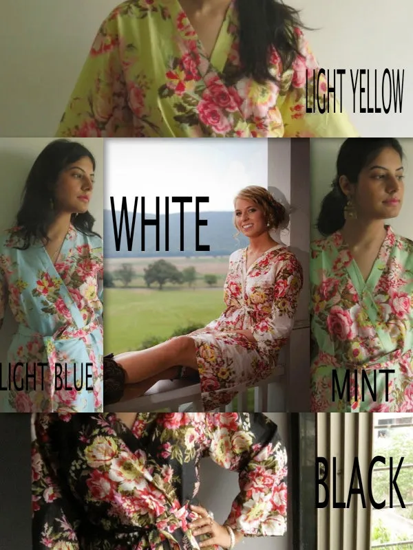Mismatched Rosy Red Posy Patterned Bridesmaids Robes in Jewel Tones