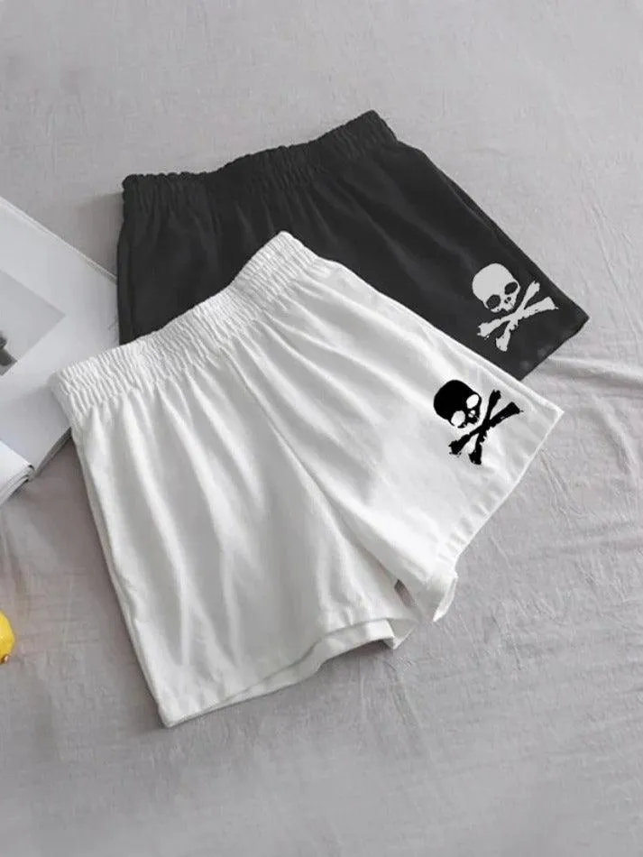 Skull Print Embellished Shorts