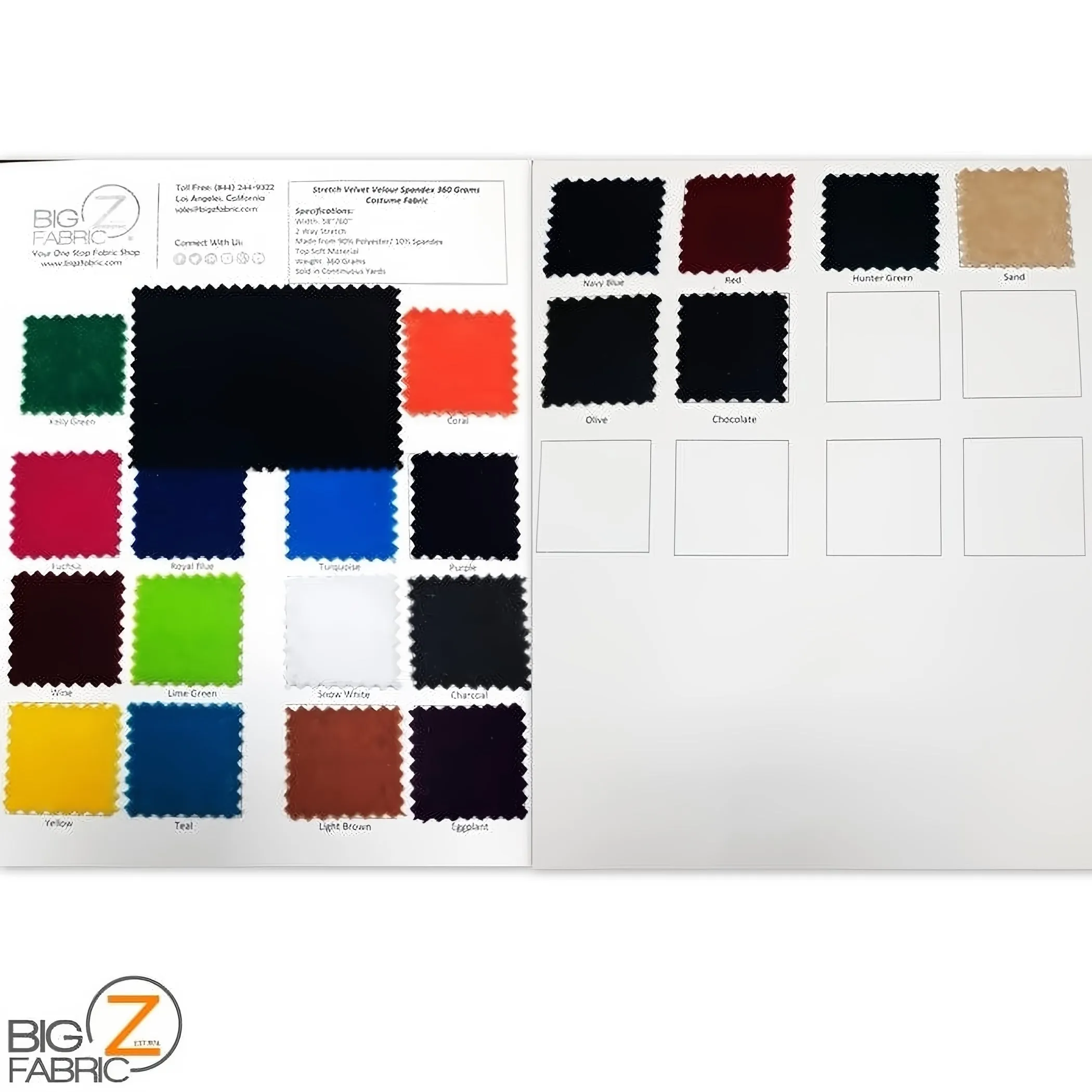 Stretch Velvet Velour Spandex 360 Grams Costume Fabric - COLOR CARD