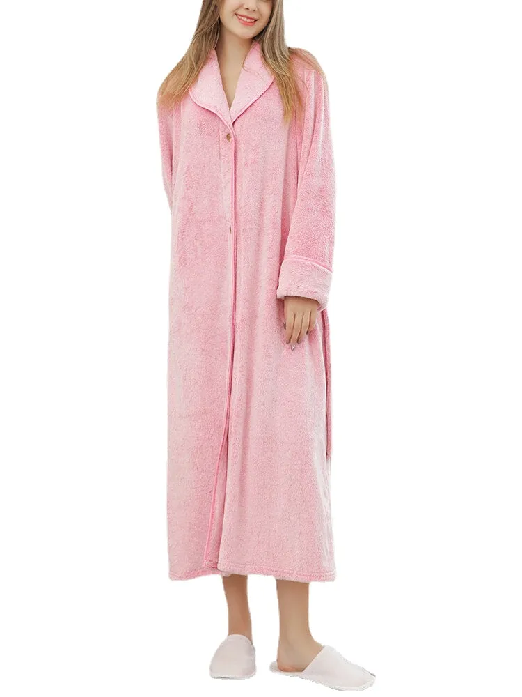 Women Flannel Fleece Solid Color Belted Button Front Lapel Casual Home Thick Robes