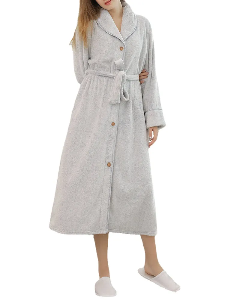 Women Flannel Fleece Solid Color Belted Button Front Lapel Casual Home Thick Robes