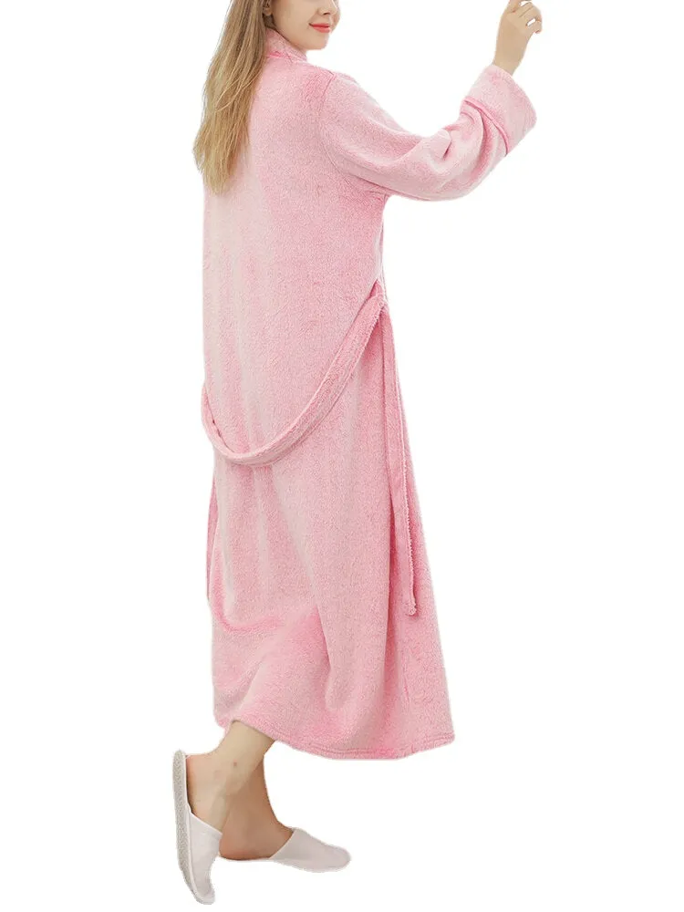 Women Flannel Fleece Solid Color Belted Button Front Lapel Casual Home Thick Robes