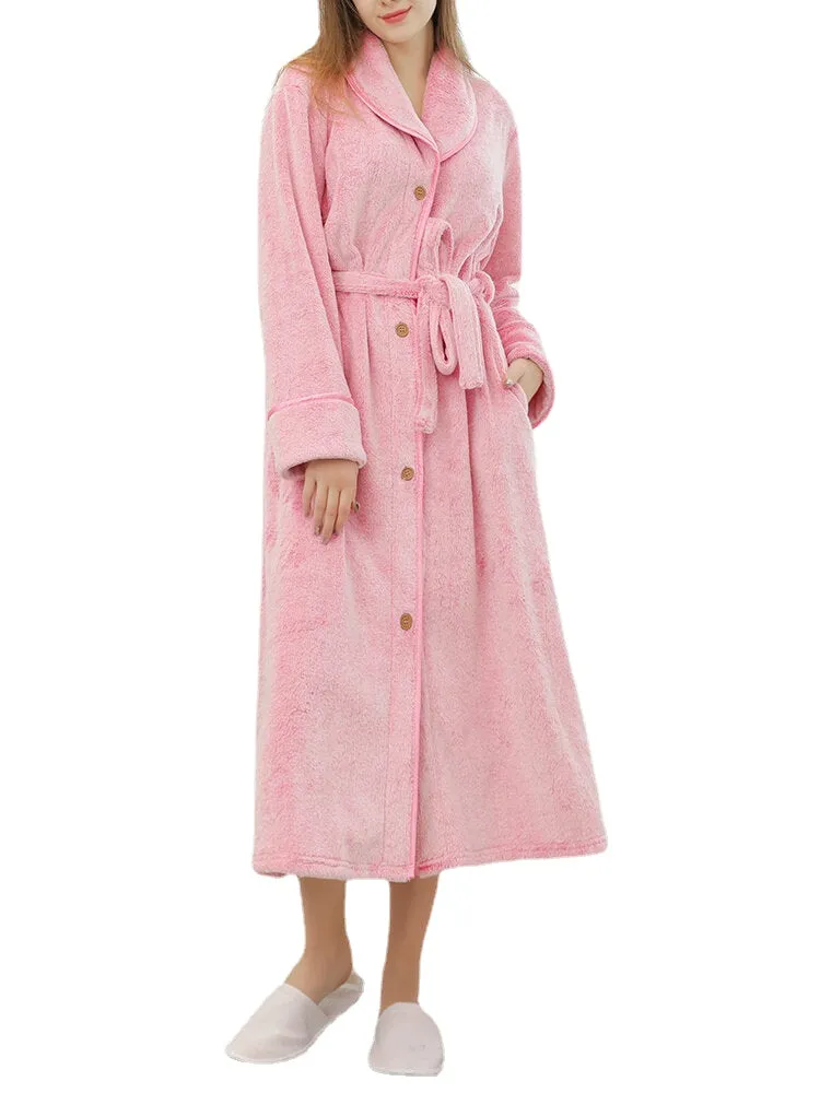 Women Flannel Fleece Solid Color Belted Button Front Lapel Casual Home Thick Robes