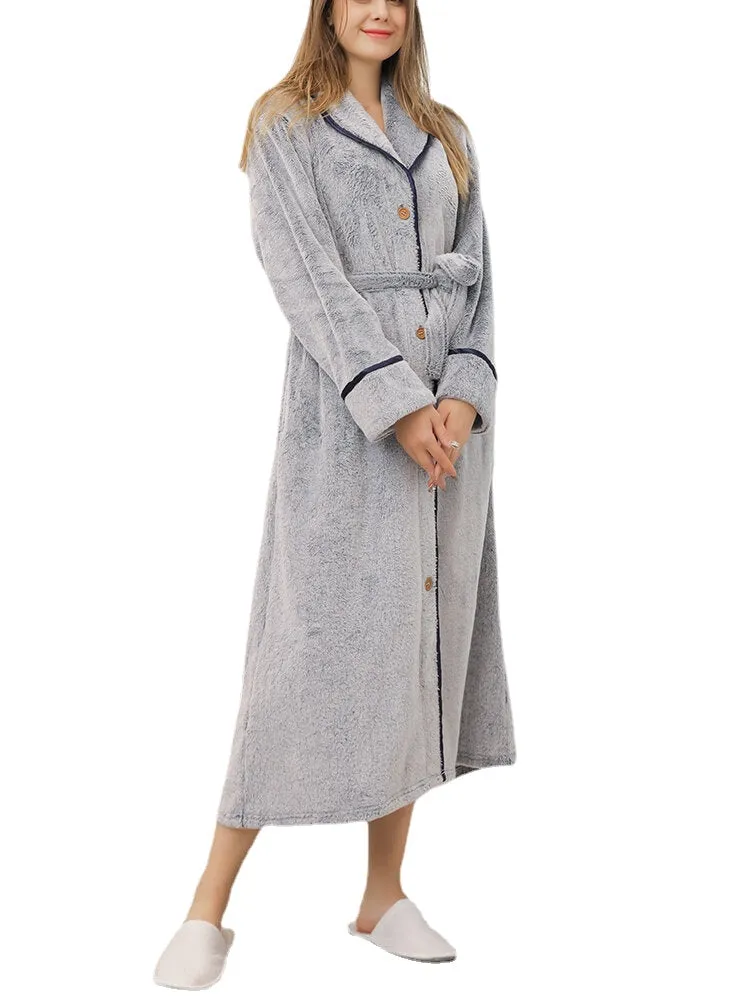 Women Flannel Fleece Solid Color Belted Button Front Lapel Casual Home Thick Robes