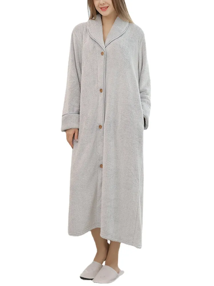 Women Flannel Fleece Solid Color Belted Button Front Lapel Casual Home Thick Robes