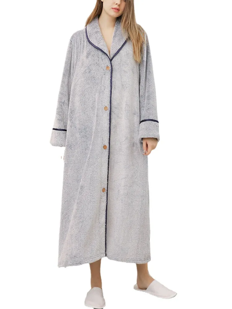 Women Flannel Fleece Solid Color Belted Button Front Lapel Casual Home Thick Robes