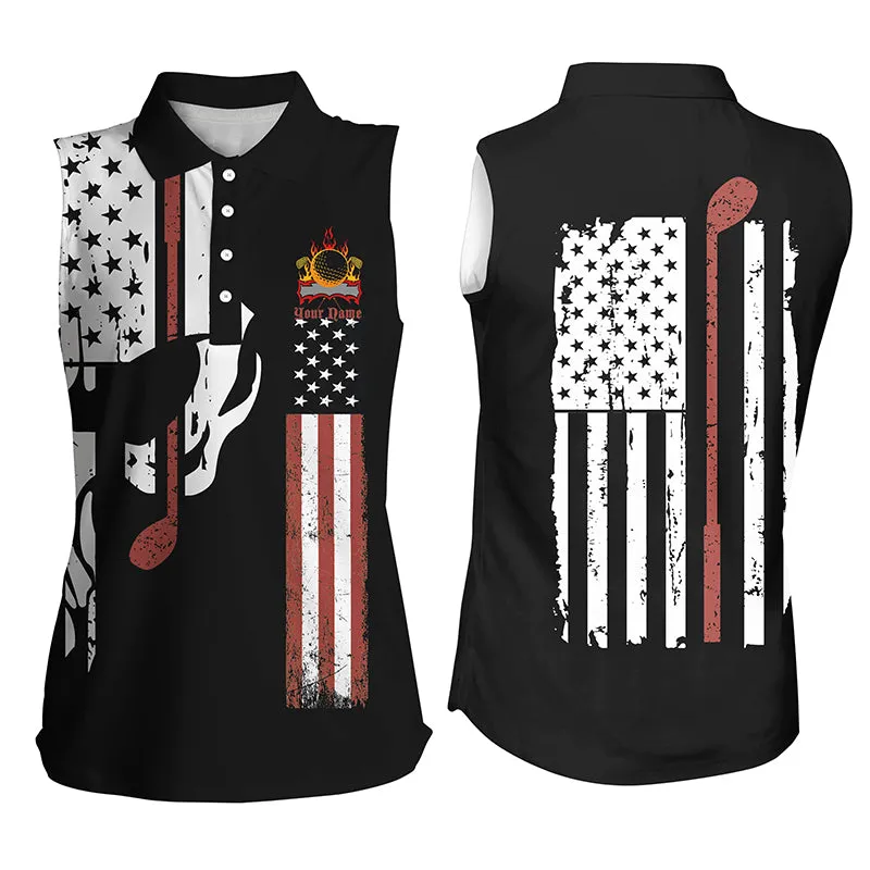 Women Sleeveless polo shirt plus size, American flag shirt golf skull club custom name ladies golf tops