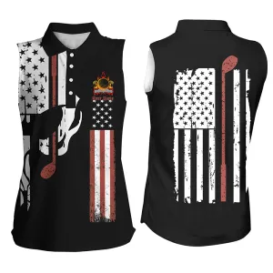 Women Sleeveless polo shirt plus size, American flag shirt golf skull club custom name ladies golf tops