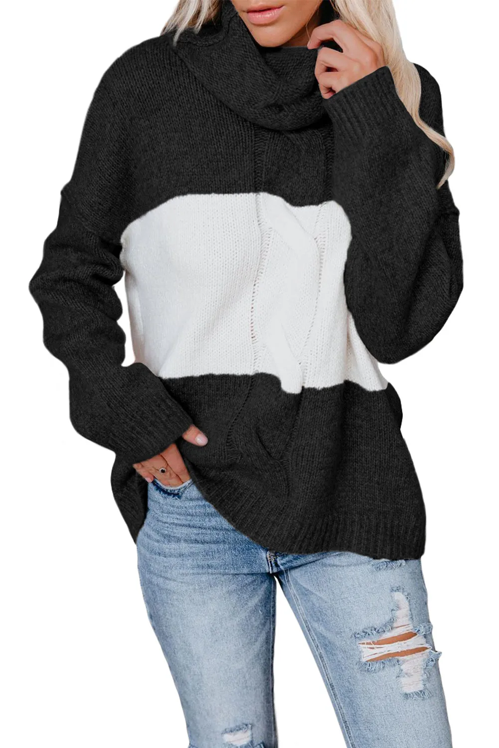 Women's Loose Knitted Colorblock Turtle Neck Sweater