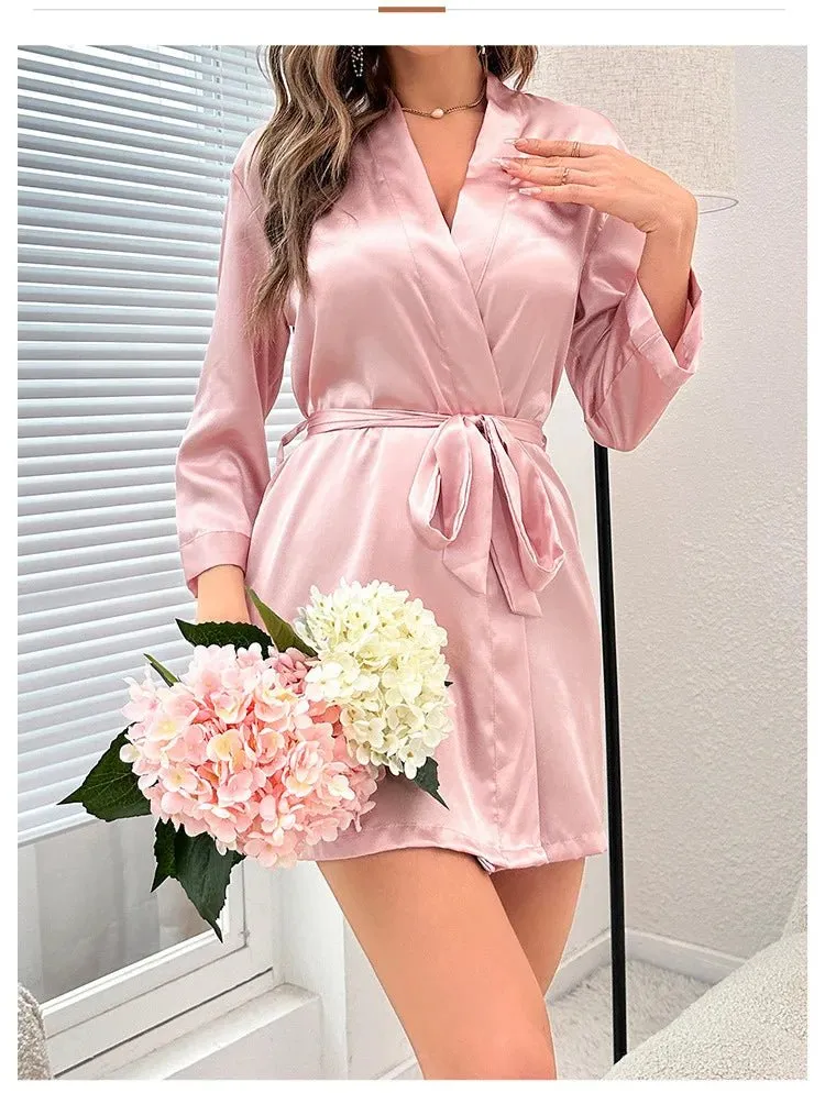 Women's Short Kimono Robe Silky Satin Bathrobe Bride Bridesmaids Getting Ready Sleepwear Soft Nightgown