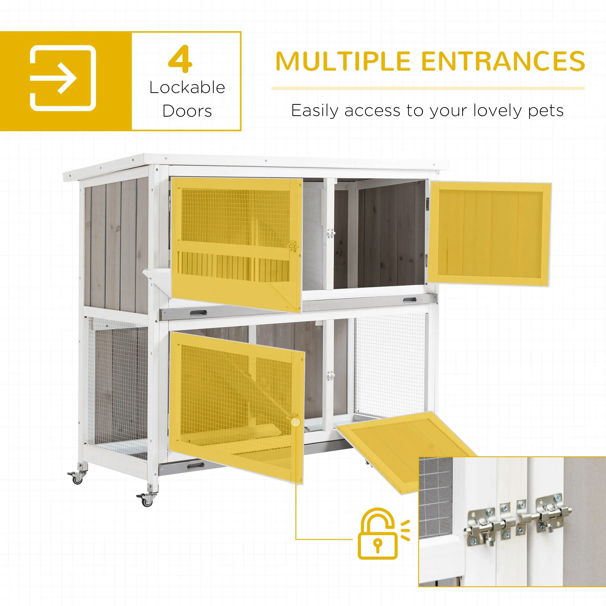 Wooden Rabbit Hutch Two-Tier Guinea Pig Cage Elevated Multi-Door Pet House Bunny Cage w/ Rain Cover, Wheels, Slide-Out Tray, Grey
